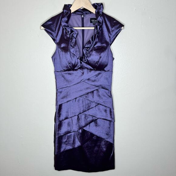 XSCAPE by Joanna Chen Evening Dress 4 Purple Ruffle Tiered Mini V-Neck Cocktail - Picture 1 of 8